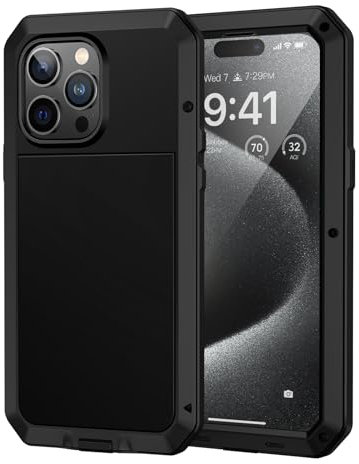 Lanhiem for iPhone 15 Pro Max Case Heavy Duty Shockproof Cover Tough Armour Metal Case with [Tempered Glass Screen Film], 360 Full Body Protective Case Cover for iPhone 15 Pro Max - Black