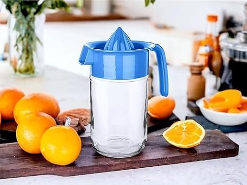 4All Manual Lemon Squeezer Non Electric Hand Press Reusble Fruit Juice Extractor BPA free Lemon Lime Orange Juicer Jug Glass Jar Base Handheld Citrus Press 660ml (Blue)