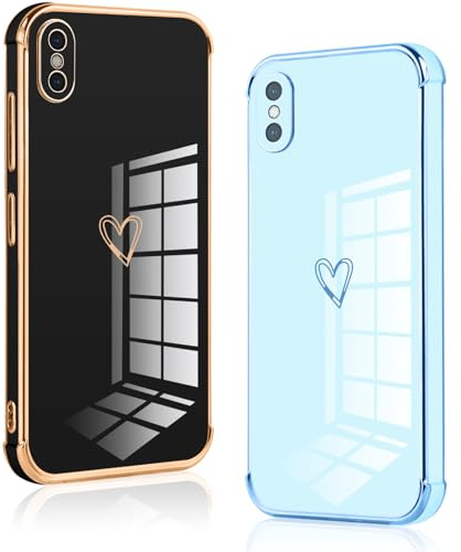 Vauki [2 Packs Coque pour iPhone XS Max, Silicone Antichoc Housse, Étui avec Motif Coeur et Bordure Dorée pour iPhone XS Max, Noir et Bleu