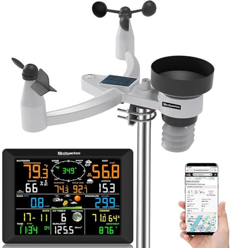 Station Météo, Station Météo WiFi avec Capteur Extérieur 7 en 1, Pluviomètre, Direction et Vitesse du Vent, WiFi + Capteur de Température et D'humidité Extérieure