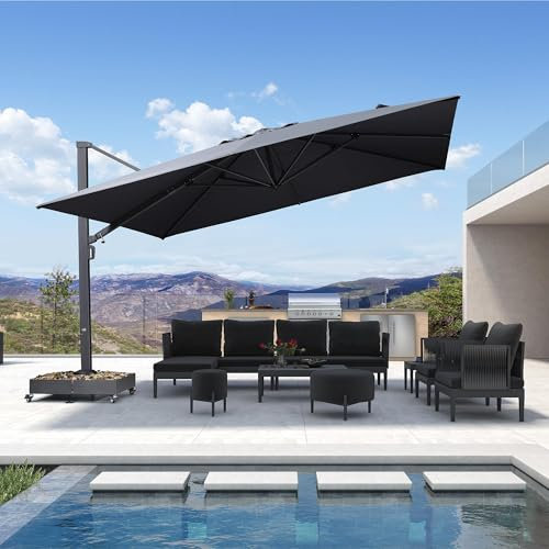 PURPLE LEAF 3,65 m X 3,65 m Parasol Déporté de Terrasse Renforcée, Grand Parasol Extérieur, Parasol De Jardin Exterieur Rotatif 360° Mât de Parapluie Épais Version Améliorée, Gris