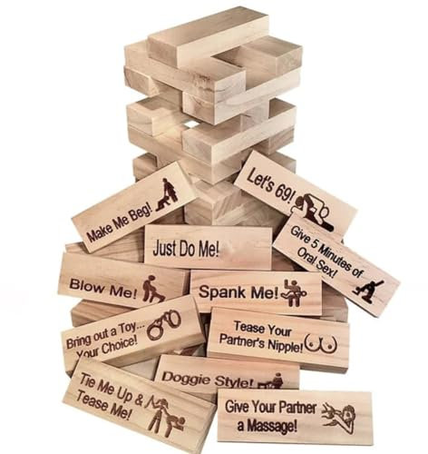 Super Naughty Block Tower Game, Love & Naughty Stapelturm Holzblöcke, 48 Holzblöcke mit Wahrheit oder Pflicht Fragen und Herausforderungen, Lustiges Paarspiel für Erwachsene