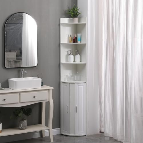 Menaka Tall Slim Bathroom Cabinet, Corner Wood Tallboy Cupboard Unit Storage Cabinet Floor Standing with Door and Shelves (180cm white)