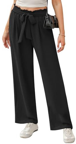 iClosam Pantalon Fluide Femme Taille Haute Chic et Élégant - Large Palazzo Casual Avec Ceinture et Poches - Couleur Unie Noir - XL