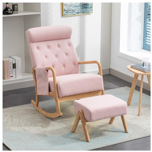 Racxily sedia ergonomica,sedia a dondolo,Sedia a dondolo con poggiapiedi, Rosa + Lino