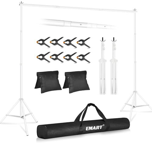EMART Weißer Foto Hintergrund Ständer, 2,6x3m Verstellbarer Hintergrundsystem mit 6 Hintergrundklemmen, 2 Sandsack für Fotostudio Porträt Produktfotografie Studiofotografie