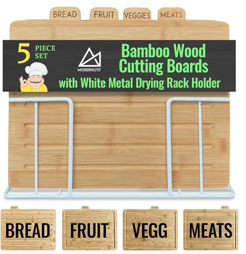 MODERNLYST Wood Cutting Board Set with Holder 13x11x 3 | Wooden Cutting Boards for Kitchen | Labeled Chopping Board Sets | Large Bamboo Cutting Board Sets with Stand | Chopping Boards for Kitchen