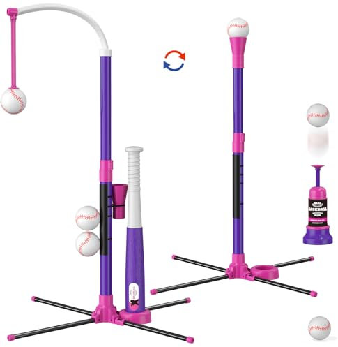 3-in-1 Baseball Set für Kinder 3-5, T Ball Sets Tee Ball Stand mit Hängendes Tee, Ball Launcher und 6 Softbälle, Einstellbare Höhe, Indoor Outdoor Sport Spielzeug Geschenke für Jungen, lila