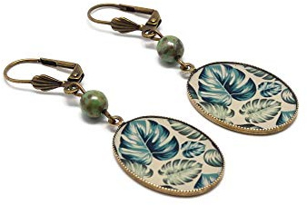 Monstera Ohrringe Harz tropisches Blatt grün blau rosa Messing Bronze Perlen