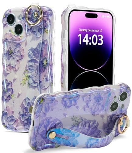 EYZUTAK Case with Hand Strap for iPhone 13, Colorful Oil Painting Flower With Wristband Kickstand Laser Curly Wave Edge Phone Cover Stylish Durable TPU Protective Case for Women - Purple