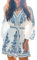 CUPSHE Damen Sommerkleid Ethno V-Ausschnitt Laternenärmel Strandkleid mit Gürtel A-Linie Elegant Freizeitkleider Mini Dress Blau/Weiß L