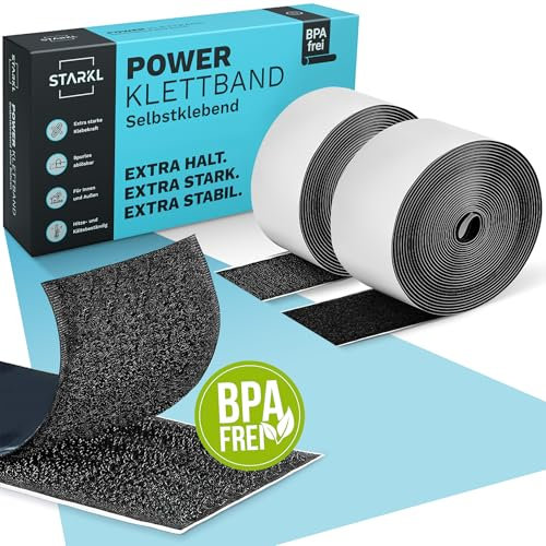 STARKL® Klettband Selbstklebend Schwarz - BPA Frei - 3m x 50mm - Klettverschluss Selbstklebend - Klettband Extra Stark