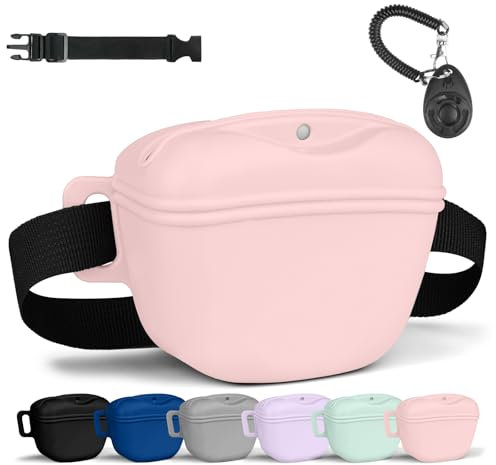Aomig Leckerlibeutel für Hunde 3Pcs Hundeleckerli mit Trainingsklicker Gürtel Tasche Hundetraining Bauchtasche Hund Gassitasche Futterbeutel Hunde Gassigehen Hundetraining Silikon Trainingstasche Rosa