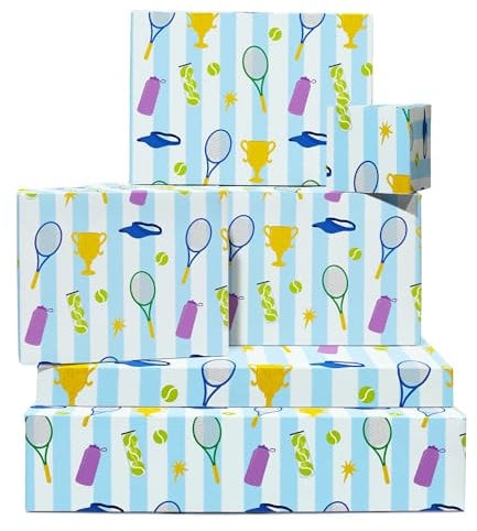 Weißes und blaues Geschenkpapier – Tennis – Sport – 6 Bögen Geschenkpapier für Männer und Frauen – Streifenmuster – mit Aufklebern – recycelbar – von Central 23