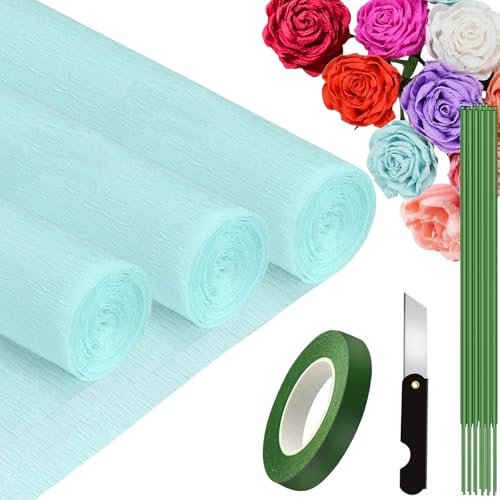 3 Rolls Krepppapier Azurblau 25x250cm, Krepppapier Rollen, Nicht Abfärbende Farben, Krepppapier Bunt für DIY Blumen Kunsthandwerk, Geburtstagsfeier, Hochzeit, Festival Ornament (Azurblau)