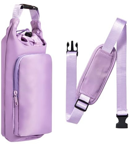 Kuleyang Water Bottle Carrier Bag with Phone Pocket & Adjustable Strap, Fits 32oz-40oz Tumblers, Insulated Holder for Hiking, Gym & Travel, Durable Multi-Pocket Design (Purple)