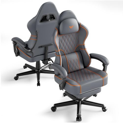 Ferghana Chaise Gaming Ergonomique，Fauteuil Game en Cuir Respirant，Gaming Chair avec Réglable Appui-tête,Coussin Lombaire Massage,Repose-Pied,Chaise de Bureau PC pour Bureau de Jeu (Gris,PU)