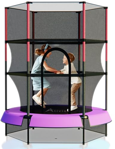 Alivio Kids Trampoline with Safety Enclosure Net – Indoor Outdoor Jumping Fun Hexagonal Design with Padded Poles (Pink)