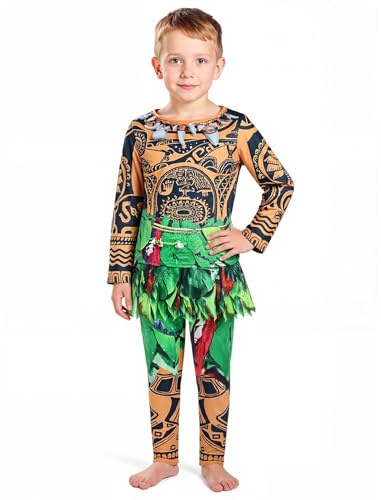 BSBUY Maui Kostüm Set Jungen Ocean Kostüm Moana Halbgott Cosplay Outfit Kinder Langarm Tattoo Top Blatt Hose Karneval Halloween Geburtstag Rollenspiel Outfit Verkleidung Vaiana Maui Cosplay Party 120