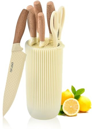 Justup Messerset, Küchenmesser Set Profi Messerset mit Block, 6-tlg Messerblock mit Messer, Edelstahl Küchenmesser Scharfe Set, Kochmesser Set (Beige)
