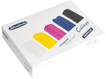 Schmincke - College Acrylic, Acrylfarbenset mit 5 x 75 ml Tuben, 83 105 097, Acrylfarben in Studienqualität, Primärfarben, Grundsortiment, seidenmatt und lichtecht