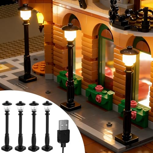Joycabin 4 Stück Bausteine Licht LED Straßenlaternen Baustein Stadtbeleuchtung USB Betrieben DIY Baustein Zubehör, Kompatibel mit Allen Großen Marken von Bausteinen