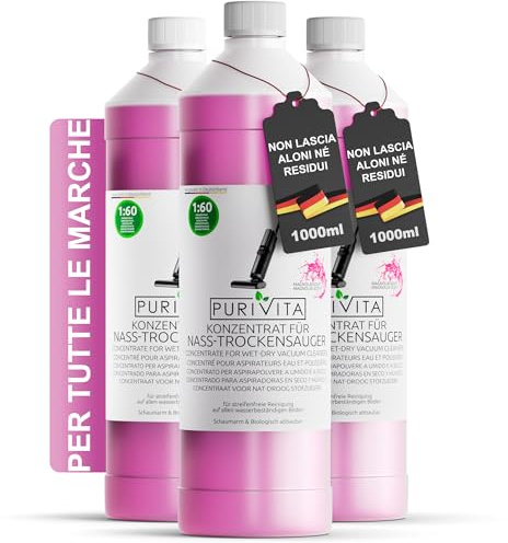 PURIVITA® Detergente Suelos Aspirador Seco-Húmedo – Magnolia, 3x1L | Sin marcas, secado rápido, poca espuma y sin aclarado – para aspiradores seco-húmedo y suelos duros resistentes al agua