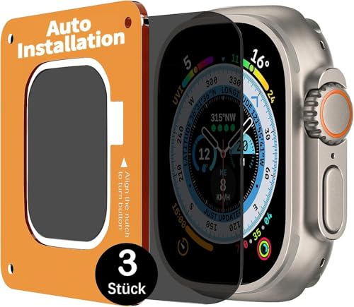 Uluck 3 Stück Privatsphäre Panzerglas für Apple Watch Ultra 4 (2026)/Ultra 3 (2025)/ Ultra 2 /Ultra 49mm, 3 Stück 9H Displayschutz mit Auto-Ausrichtungskit, Blasenfreie, Wasserdicht, Kratzfest
