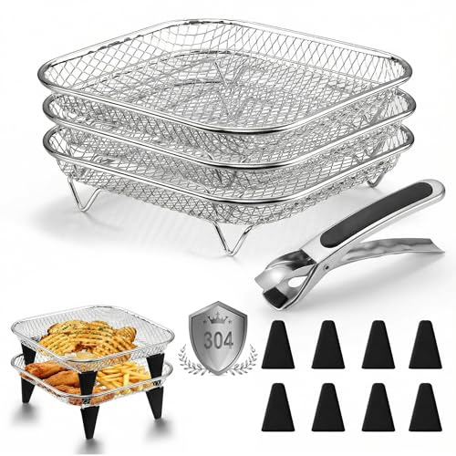 Heißluftfritteuse Zubehör, 3-tlg Edelstahl Eckig Frittierkorb Grillrost | Square Stapelbar Körbe mit Silikonfüßen und Greifklammer Luftfritteusen Regal für Cosori Russell Hobbs & Ninja