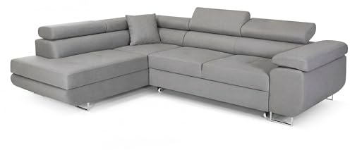 COMFORTINO FURNITURE Ecksofa mit Schlaffunktion PASTI L-Form, Sofa Couch mit Bettkasten, 3-Sitzer Eckcouch, Schlafsofa für Wohnzimmer, Big Sofa Couch mit Schlaffunktion (Aschgrau, Ottomane Links)