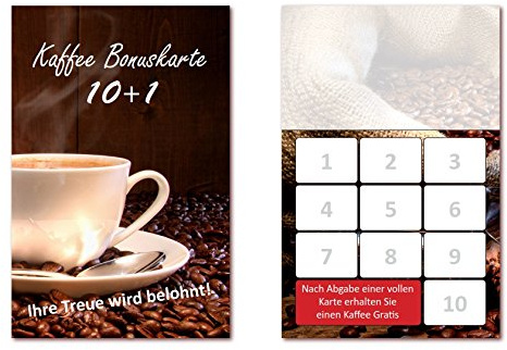 250 Stück Kaffee Bonuskarten (BOK-409) mit 10 Stempelfeldern. Treuekarten passend für Bereiche wie Gastronomie, Restaurant, Gaststätte Bäcker Konditor