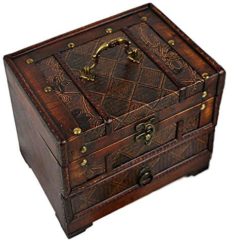 Vintage Schmuckkasten mit Spiegel 2 Schichten Holz Schmuckschatulle mit Schublade Organizer für Ringe Halsketten Armbänder Ohrringe Schmuckkoffer für Mädchen und Damen,B