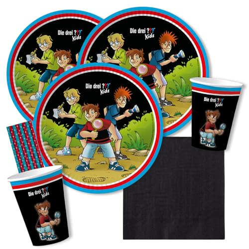 dh-konzept/spielum 44-teiliges Party-Set - DREI Fragezeichen ??? Kids - Teller Becher Servietten Trinkhalme für 8 Kinder