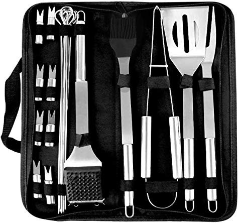 coocnh Set di Utensili per Barbecue, 20 Pezzi Set Posate Barbecue Grill Set di Attrezzi Barbecue Griglia di Cottura in Acciaio Inox Premium Deluxe Kit di Cottura per Barbecue All'aperto in Alluminio