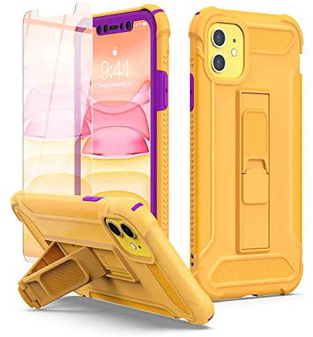 ORETECH Designed for iPhone 11 Case, and [2 x Tempered Glass Screen Protectors] [Built-in Kickstand] Military Grade Shockproof iPhone 11 Case 360 Full Body Protective Silicone TPU Bumper Cover Yellow