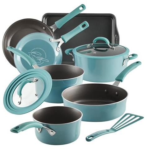 Rachael Ray Cook + Create Nonstick Cookware/Pots and Pan Set, 10 Piece, Agave Blue