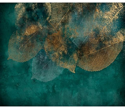 decomonkey Fototapete Pflanzen Abstrakt 450x315 cm XXL Design Tapete Fototapeten Vlies Tapeten Wandtapete Moderne Wand Schlafzimmer Wohnzimmer Laub Blau Steinwand Türkis Betonoptik