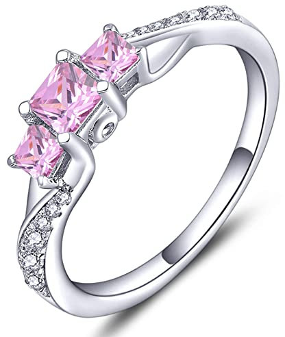 YL Verlobungsring 925 Sterling Silber Prinzessin geschnitten Oktober Geburtsstein Turmalin Rosa 3 Stein Ehering für Damen Braut(Größe 56)