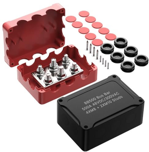 KICHI Barra Colectora Marina de 500 A, Bloque de DistribucióN Automotriz de 48 V, 6 Pernos de Alta Corriente con Cubierta Roja y Negra, Caja de Conexiones AutomáTica para