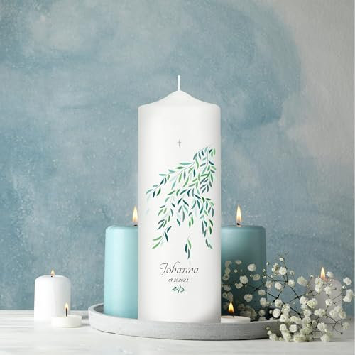 Wandtattoo Loft Trauerkerze personalisiert mit Namen und Datum, Motiv mit Zweig und grünen Blättern, 18cm x 7cm, personalisierte Trauerkerze, Kondolenzkerze, Beileidskerze, Trauerlicht, Grabkerze