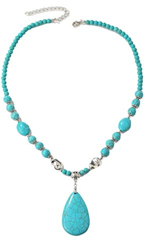 HMOOY Türkis Halskette, Vintage Böhmische Türkis Perlen Halskette Verstellbare Lange Türkis Tropfen Anhänger Halskette Western Ethnische Boho Schmuck für Damen Mädchen (Stil 2)