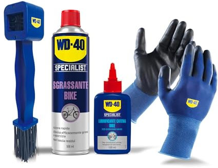 WD-40 - Specialist - Kit Manutenzione Bike Off Road - 1 Sgrassante Spray 500ml + Lubrificante Catena Per Condizioni Umide 100ml + Guanti Di Precisione + Spazzola a 4 lati per la pulizia della catena
