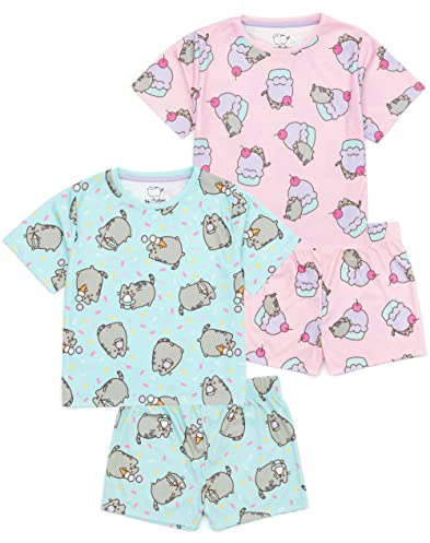 Pusheen Girls Pyjama Set | 2 Pack Multicoloured Short Sleeve T-Shirt with Shorts Nightwear PJs For Kids | Pink & Blue Cartoon Cat Pyjama