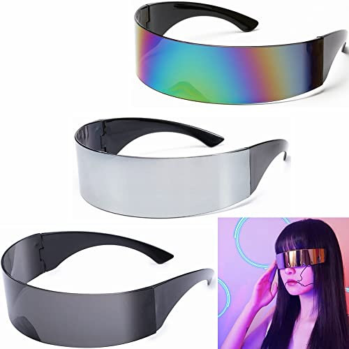 Kiwochy Schnelle Brille Futuristische Schmale Brille 3 Stk Farbiger+Silber+Schwarz Herren Damen Fun Glasses Space Brille Alien Brillen für Weihnachten Karneval Festivals Rollenspiel Halloween Brillen