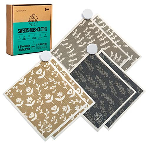 Harps&Seb Swedish Dishcloths for Kitchen Dishcloths - 6 Pack, Reusable Paper Towels with Clips, Super Absorbent Washable Non-Scratch Swedish Dish Towels, No Odor, Biodegradable