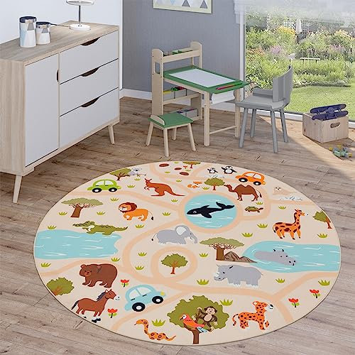 Paco Home Kinderteppich Teppich Rund Kinderzimmer Spielteppich Straßenteppich Modern rutschfest Junge Mädchen, Grösse:200 cm Rund, Farbe:Bunt 2