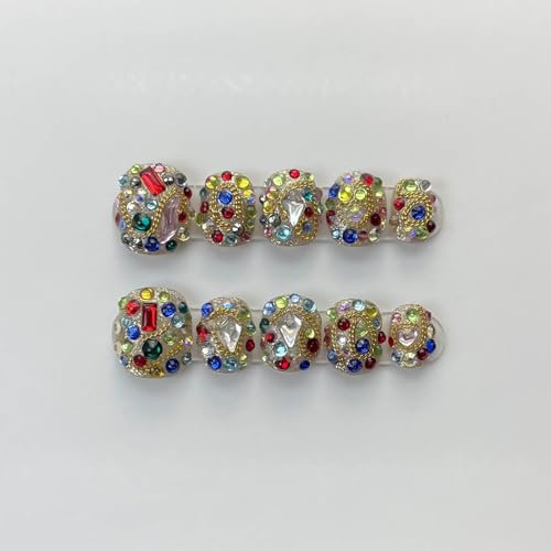 Real Gel Handmade Colorful Full Diamond Press On Nails Gems Coffin Fake Nails With Designs Glossy False Nails for Women and Girls (Colorful-XS)