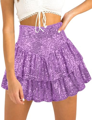 FEOYA Gonna da Donna in Paillettes Minigonna con Volant Retro Gonne a Pieghe Glitterate Vestiti Festivi di Carnevale Taglia S-Viola