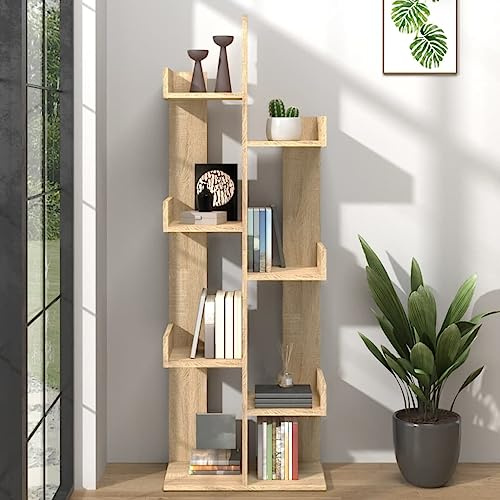 homiuse Bücherregal Baumförmige 8 Fächer Bücherregal Regal Wand Aktenschrank Regal Schmal BüCherregal Holz Buchregal BüCherschrank Aufbewahrungsregal Sonoma-Eiche Holz 48x25,5x140 cm