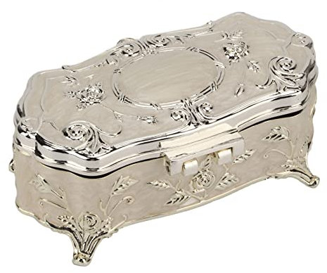 POYHKFD Vintage-Schmuckkästchen, Silberweiß, Kleiner Retro-Schmuck-Organizer aus Zinklegierung und Emaille, Kleine Schmuckaufbewahrungsbox Silber, Antike Metall-Schmuckschatulle für Schmuckstücke, Orn